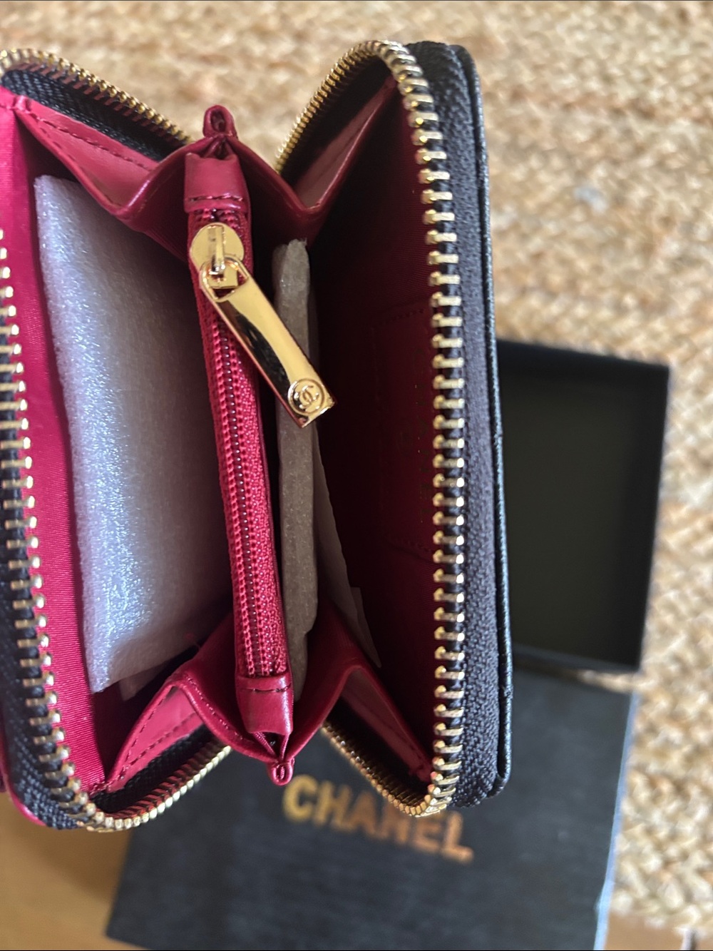 Black Quilted Leather Small Wallet with Gold CC Charm and Chain - Picture 4 of 9